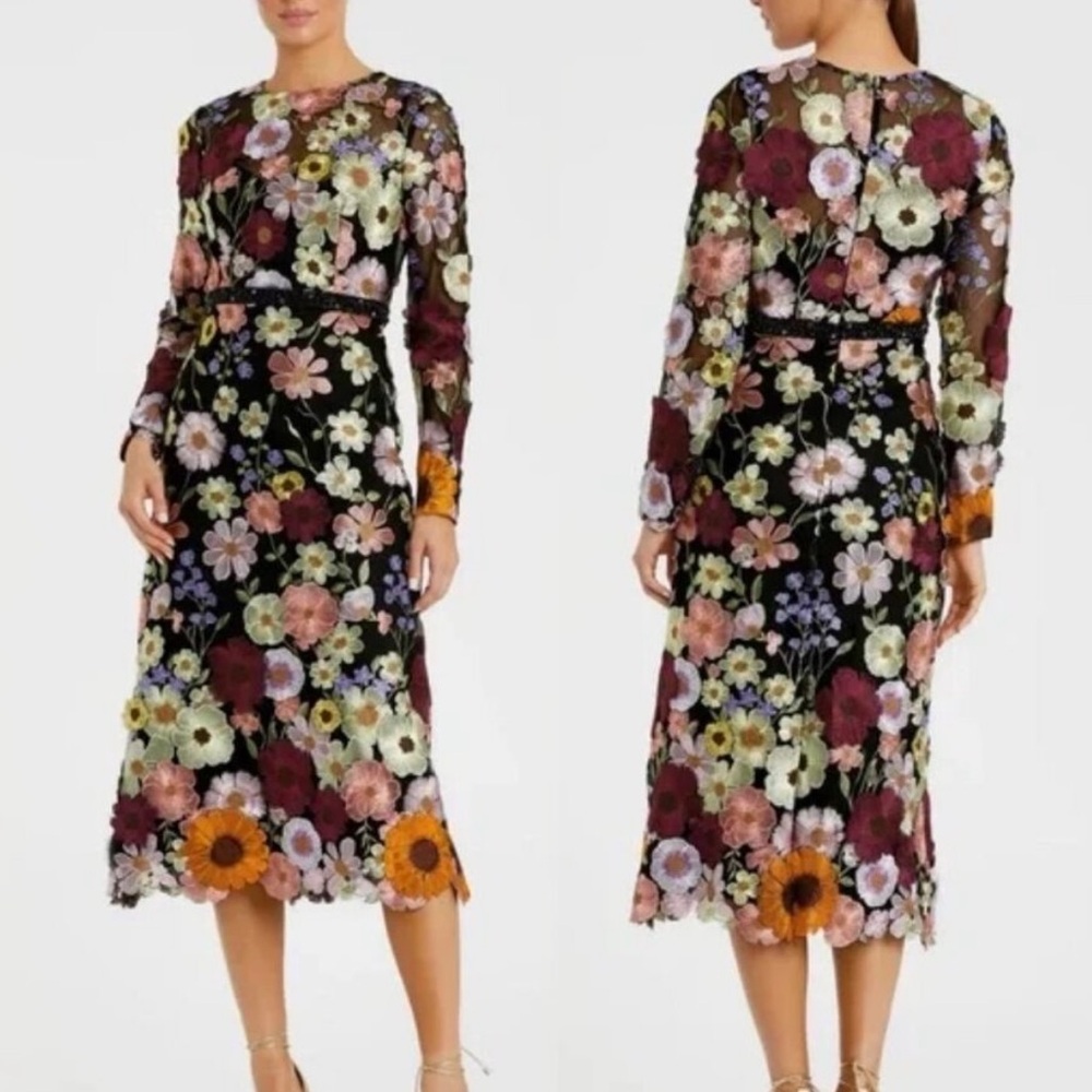 Mac Duggal High Neck Floral Embroidered Beaded A-Line Midi Dress